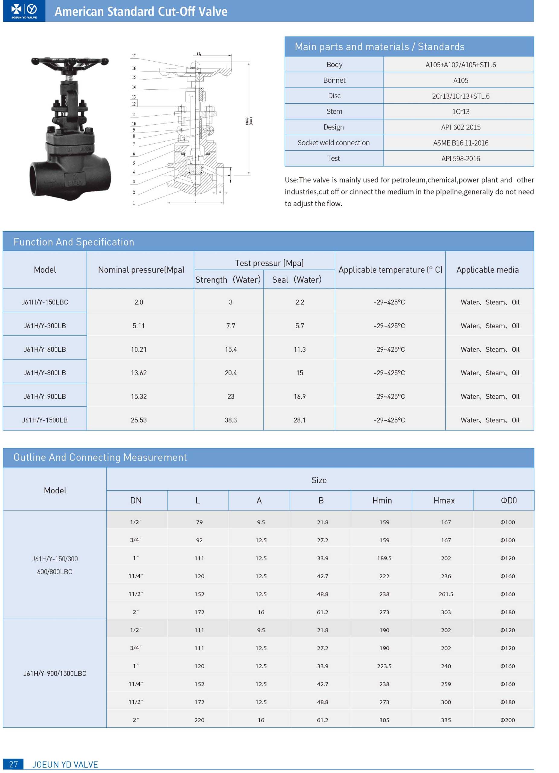 Van hơi thép A105 nối hàn SW nối ren NPT class 800 Joeun, A105 globe valve SW NPT Joeun class 800